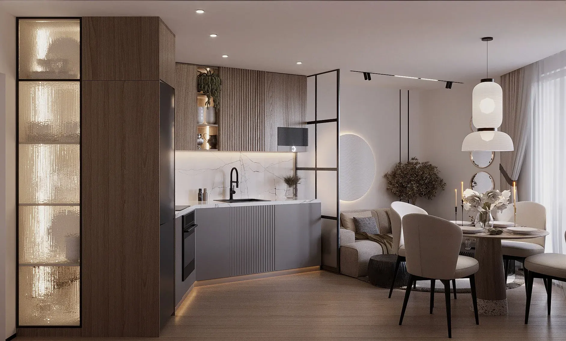 Дизайн-проект квартиры 58 м² в эко-стиле у метро Парнас — кухня-гостиная с зелёными акцентами, фото 12