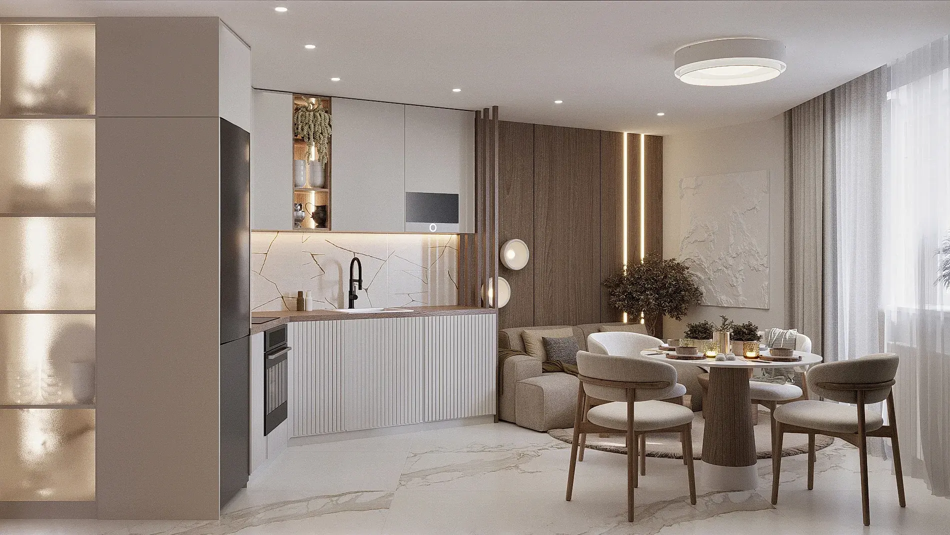 Дизайн-проект квартиры 58 м² в эко-стиле у метро Парнас — кухня-гостиная с зелёными акцентами, фото 17