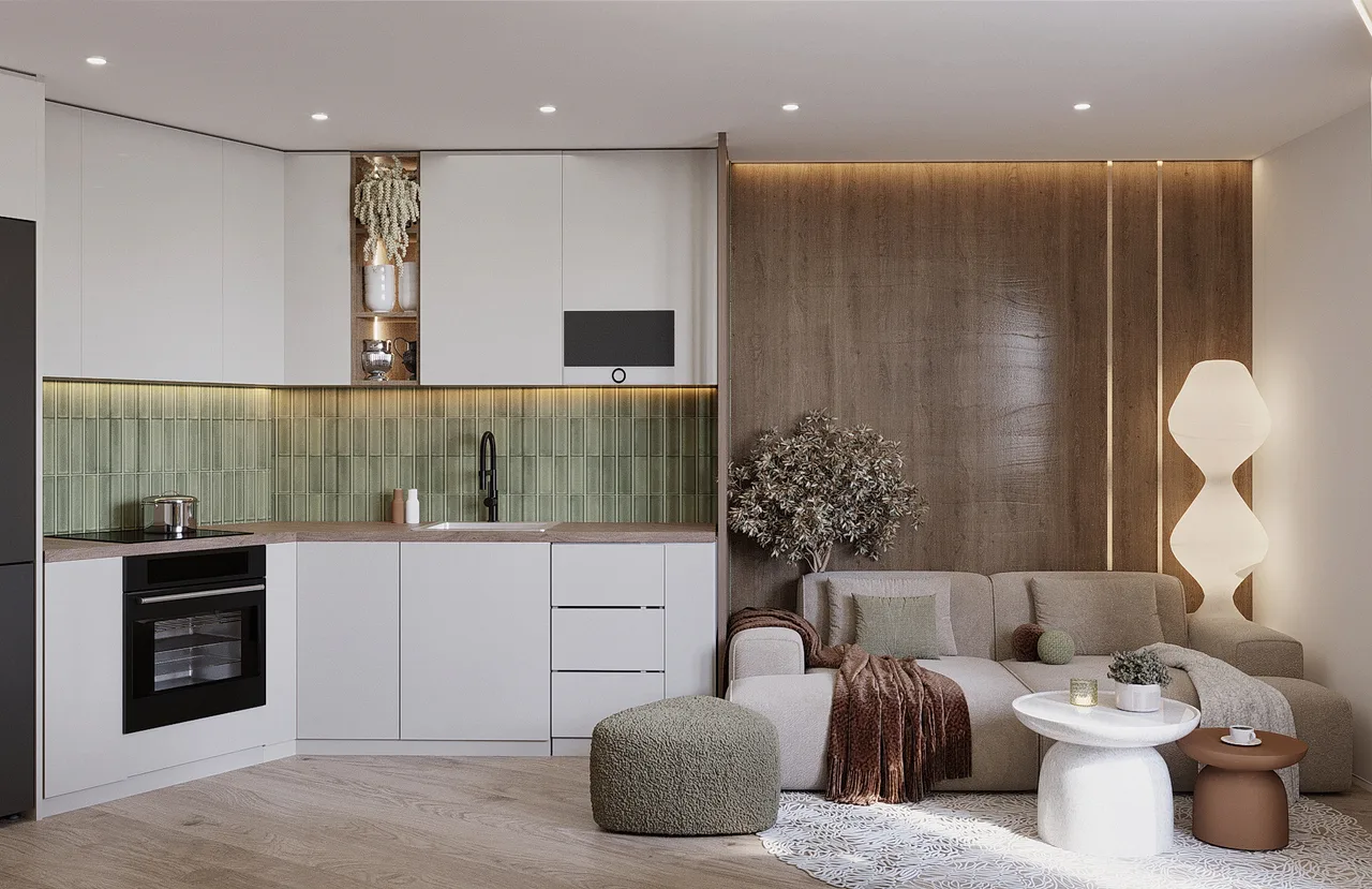 Дизайн-проект квартиры 58 м² в эко-стиле у метро Парнас — кухня-гостиная, фото 29
